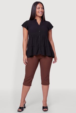 Plus Size Flutter Sleeve Tiered Button Front Top