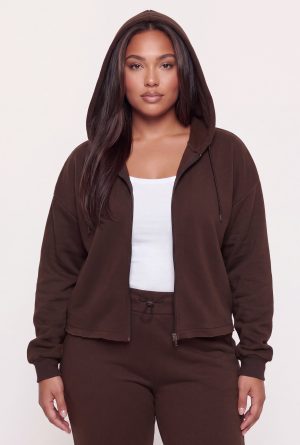 Plus Size Fleece Lined Raw Hem Zip Front Hoodie